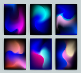 Fluorescent colors backgrounds set. Holographic effect. Applicable for gift card,cover,poster,brochure,magazine. Vector template.