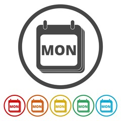 A wall calendar with the word Monday. Flat colorful buttons for Monday (calendar icon) 