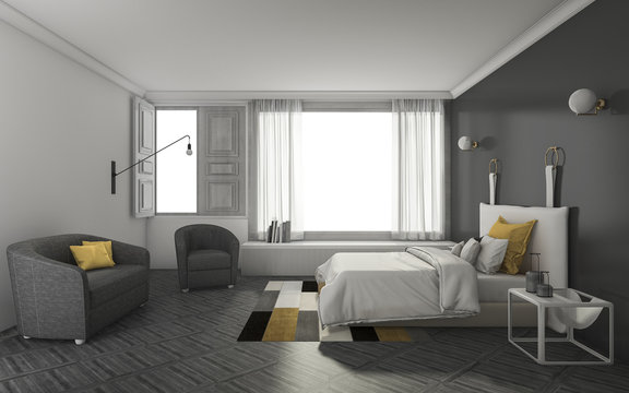 3d rendering dark tone bedroom with soft and nice furniture