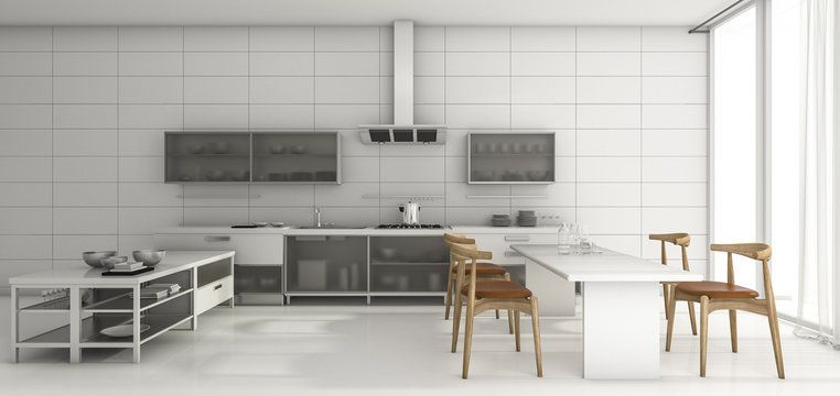 3d rendering nice design kitchen and dining in the morning
