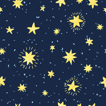 Night sky seamless pattern. Vector background with hand drawn watercolor stars. 