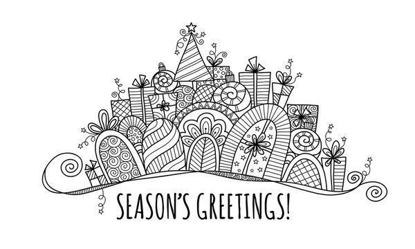 Season's Greetings Modern Christmas Banner doodle vector illustration with the words season's greetings under a banner of presents, baubles, a christmas tree, swirls and stars.