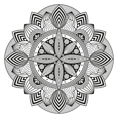 Woodcut style mandala. Black & white ethnic & tribal print for coloring book pages, tattoos, mural decor. 
