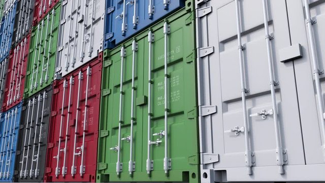 Stacks of colorful cargo containers. 4K seamless loopable dolly clip, ProRes