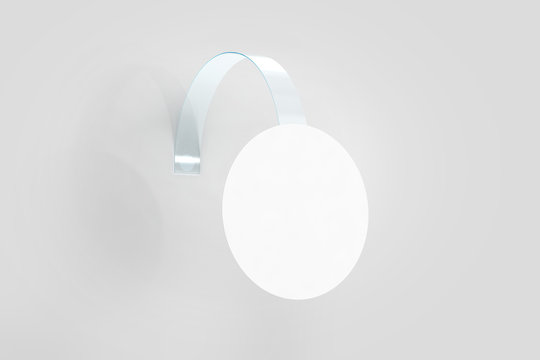 Blank white wobbler hanging on wall mockup, clipping path, 3d rendering. Space round paper mock up on plastic transparent strip. Clear price sticker circle shape. Pricing tag label template isolated.