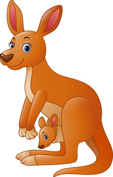 Cartoon red kangaroo carrying a cute Joey
