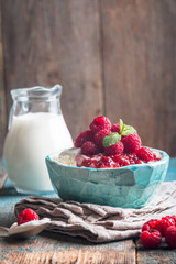 Fresh homemade cottage cheese with raspberries