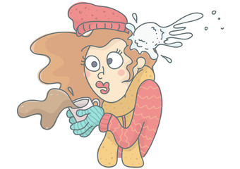 Funny vector cartoon of woman being hit by snowball. Woman in winter clothing with coffee cup spilling, shocked by snowball hit.