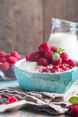 Fresh homemade cottage cheese with raspberries