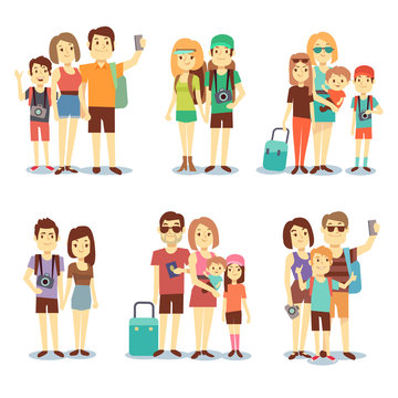 Happy couple, family, people, tourists vector travelling cartoon characters