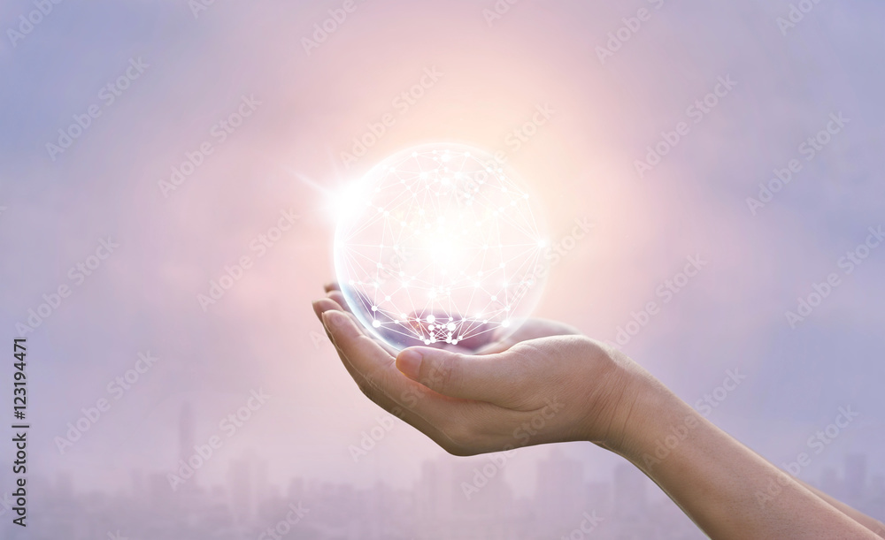 Poster Abstract science, circle global network connection in hands 