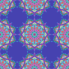 Seamless pattern with mandalas in beautiful bright colors. Vector background