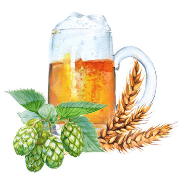 Mug with beer. Isolated on a white background. Watercolor illustration.