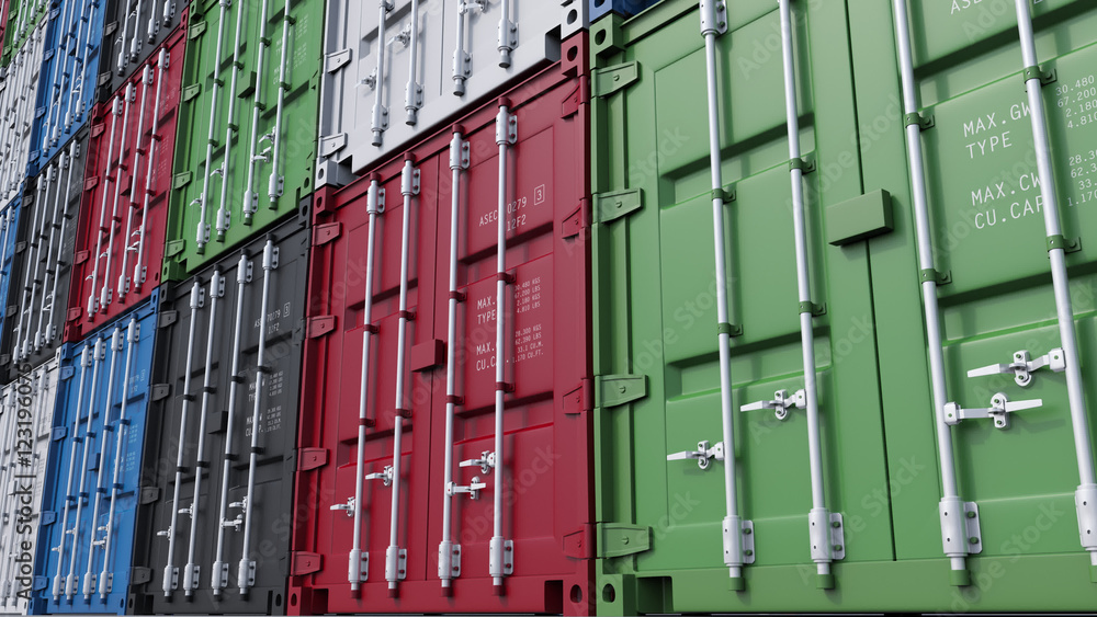 Poster stacks of colorful cargo containers. 3d rendering