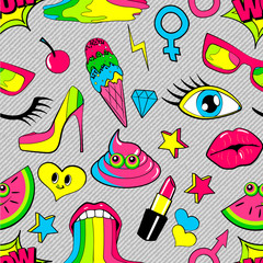 Seamless pattern of fashion patch badges. lips, kiss, heart, speech bubble, star, ice cream, lipstick, eye, shit. Vector isolated background with stickers, pins, patches in cartoon 80s-90s comic style