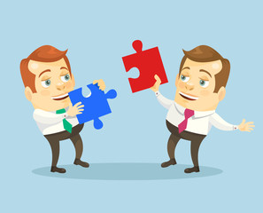 Teamwork. Office people with puzzle.  Vector flat cartoon illustration