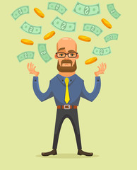 Businessman character have a lot of money. Vector flat cartoon illustration
