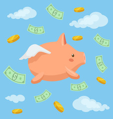 Piggy bank character fly in the sky. Vector flat cartoon illustration