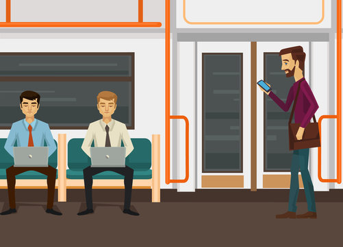 People characters with laptop and smartphone in train subway. Vector flat cartoon illustration