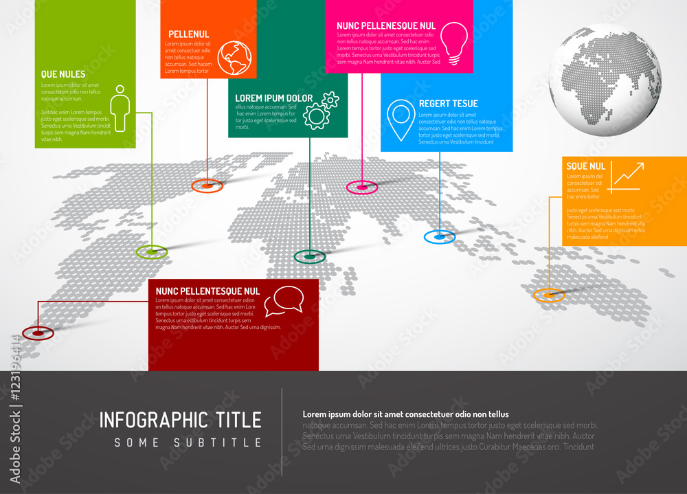 Poster world map with pointer marks and iconsconcept
