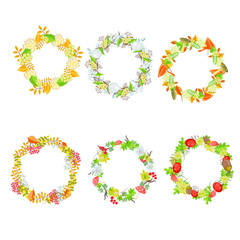 Autumn floral leaf wreath vector set. Flowers, leaves and berries bouquet composition for cards decoration.
