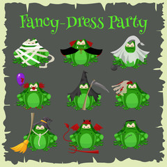 Fototapeta premium Halloween green toads fashion costume outfits. Cartoon style vector illustration isolated on white background