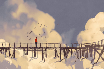 Obraz premium man standing on old bridge in clouds,illustration painting