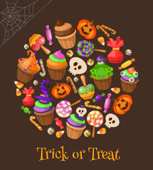 Trick or Treat. Traditional sweets and candies for holiday Halloween. Halloween candies isolated on background. Retro cartoon style vector illustration.