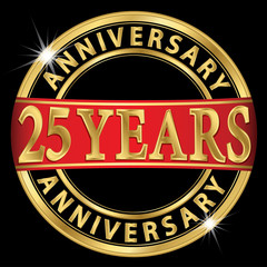 25 years anniversary golden label with red ribbon, vector illust