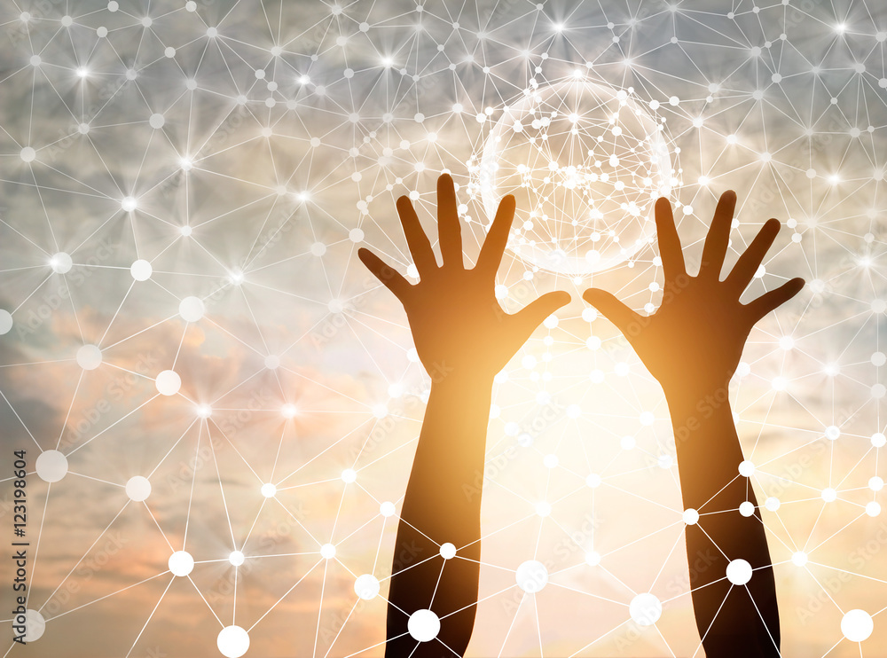 Poster Abstract science, circle global network connection in hands on sunset