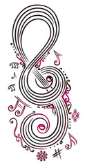 Musik. Großer Notenschlüssel mit Musiknoten, clef with music notes.