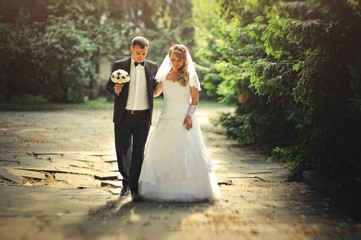 wedding couple walking at park in a backlit