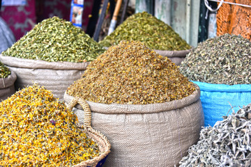 Variety of spices on the arab street market stall