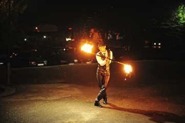 Fire show at the night on wedding ceremony