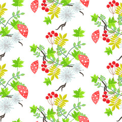 Rowan leaves and amanita mushroom seamless pattern. Floral bouquet background.