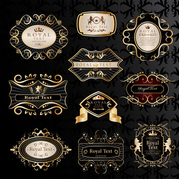Golden Labels Set - Isolated On Black Background - Vector Illustration, Graphic Design. For Web,Websites,Print,Presentation Templates,Mobile Applications And Promotional Materials