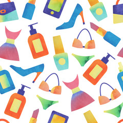 Seamless watercolor pattern of women fashion icons. Vector illustration.