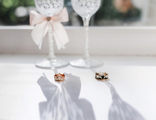 Unusual Wedding rings on the white table