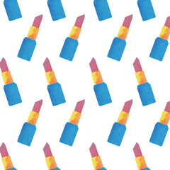 Seamless watercolor pattern of women fashion icons. Lipstick. Vector illustration.