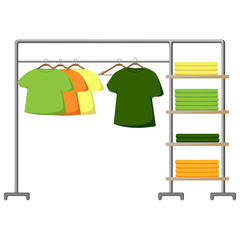 Clothes rack, a t-shirt hanging on the rack, clothes folded on the shelves. Flat design on white background. Vector illustration.