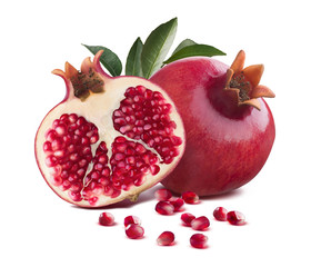 Pomegranate whole and half cut leaves isolated on white