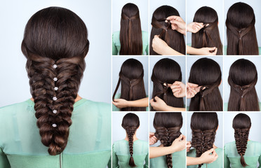 festive hairstyle for long hair tutorial - obrazy, fototapety, plakaty