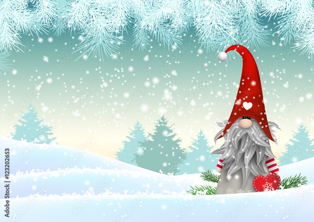 Wall mural scandinavian christmas traditional gnome, tomte, illustration