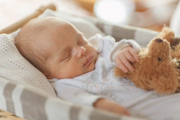 Newborn baby boy lying in a basket and sleeps
