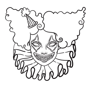 vector poster with an evil clown. linear illustration of Halloween. scary clown maniac of horror