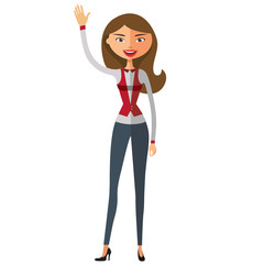 European lady waving her hand flat cartoon vector illustration isolated on a white background.