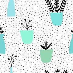 Seamless pattern with hand drawn plants in pots on dots texture background.