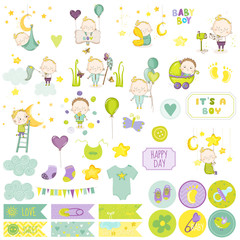 Baby Boy Scrapbook Set. Vector Scrapbooking. Decorative Elements