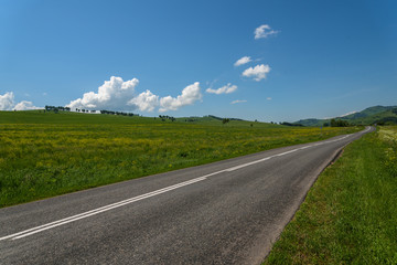 road meadows mountains asphalt