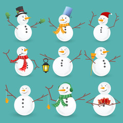 Winter Christmas snowmen collection. Vector illustration.